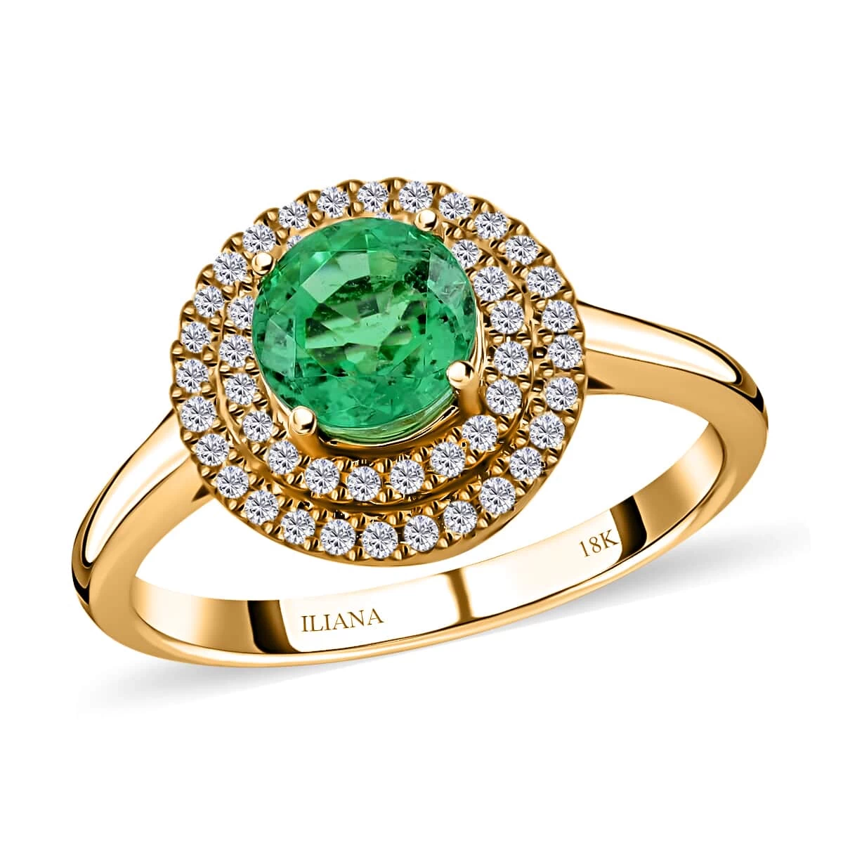 Iliana 18K Yellow Gold AAA Kagem Zambian Emerald And G-H SI Diamond Double Halo Ring 4.50 Grams 1.25 Ctw 3 Iliana 18K Yellow Gold AAA Kagem Zambian Emerald And G-H SI Diamond Double Halo Ring 4.50 Grams 1.25 Ctw