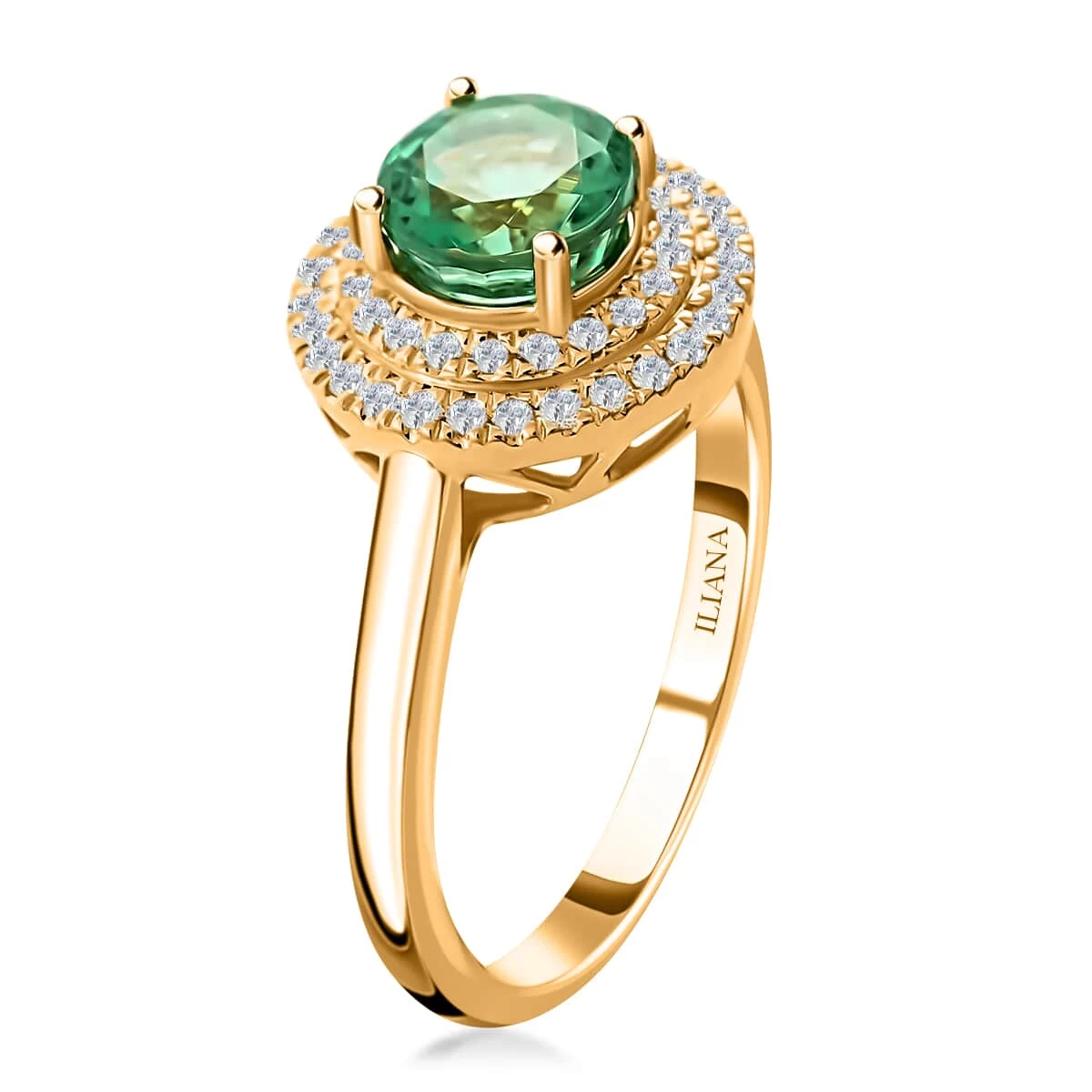 Iliana 18K Yellow Gold AAA Kagem Zambian Emerald And G-H SI Diamond Double Halo Ring 4.50 Grams 1.25 Ctw 5 Iliana 18K Yellow Gold AAA Kagem Zambian Emerald And G-H SI Diamond Double Halo Ring 4.50 Grams 1.25 Ctw - Image 3