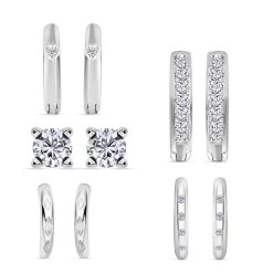 Set Of 5 Simulated Diamond Earrings, Heart Huggies, Tribal Ear Cuffs, Stud Earrings For Women In Rhodium Over Sterling Silver 1.70 Ctw