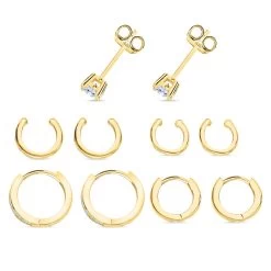 Ear Party, Set Of 5 Simulate Diamond Earring Pairs, 1 Heart Studded Huggie Hoops, 1 Studded Huggie Hoops, 1 Tribal Pattern Ear Cuffs, 1 Plain Ear Cuffs, 1 Studs In 14K RG Over Sterling Silve -Jewelry store 3885709 3