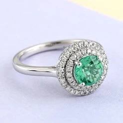 Certified & Appraised RHAPSODY 950 Platinum AAAA Boyaca Colombian Emerald And E-F VS Diamond Double Halo Ring 5.30 Grams 1.20 Ctw -Jewelry store 3887249 1