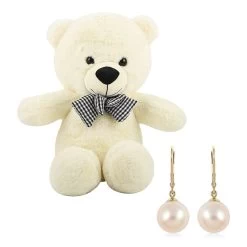 10K Yellow Gold White Edison Pearl Solitaire Lever Back Earrings With Teddy Bear Packaging