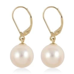 10K Yellow Gold White Edison Pearl Solitaire Lever Back Earrings With Teddy Bear Packaging -Jewelry store 4004715 4