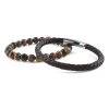 Set Of 2 Multi Gemstone Stretch Beaded Bracelet And Brown Leather Bracelet In Stainless Steel 108.00 Ctw -Jewelry store 4083422