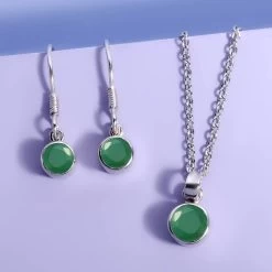 May Birthstone Jewelry Gift Set With Socoto Emerald Fish Hook Earrings And Solitaire Pendant Necklace 20 Inches In Platinum Over Sterling Silver And Stainless Steel 1.70 Ctw -Jewelry store 4091483 1