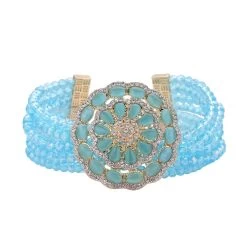 Blue Glass And Austrian Crystal Beaded Multi Strand Bracelet With Simulated Blue Cat's Eye Brooch In Goldtone (7.5-9.50In) 6.00 Ctw