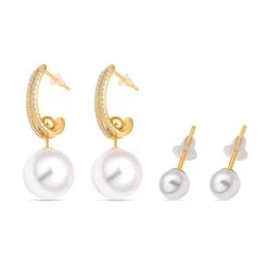 Cheryl Exclusive Pick White Shell Pearl And Simulated Diamond Set Of 3 J-Hoop, Drop & Stud Interchangeable Earrings In 14K Yellow Gold Over Sterling Silver 0.65 Ctw -Jewelry store 4113894 2