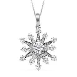 Simulated Diamond Star Burst Inspired Spinner Starburst Snowflake Pendant In Rhodium Over Sterling Silver With Stainless Steel Necklace (20 Inches) 1.50 Ctw
