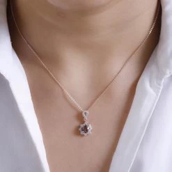 Red Rose Apatite And White Zircon Floral Pendant Necklace 20 Inches In Vermeil Rose Gold Over Sterling Silver 1.00 Ctw -Jewelry store 4157647 2
