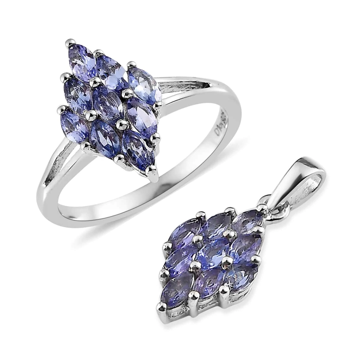 Tanzanite Cluster Ring And Pendant In Platinum Over Sterling Silver (Del. In 7-10 Days) 1.75 Ctw 3 Tanzanite Cluster Ring And Pendant In Platinum Over Sterling Silver (Del. In 7-10 Days) 1.75 Ctw
