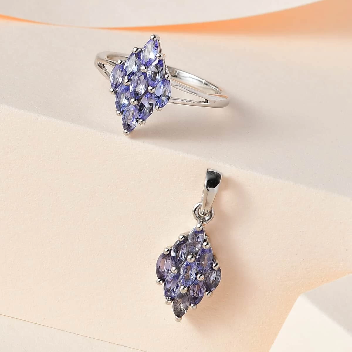 Tanzanite Cluster Ring And Pendant In Platinum Over Sterling Silver (Del. In 7-10 Days) 1.75 Ctw 4 Tanzanite Cluster Ring And Pendant In Platinum Over Sterling Silver (Del. In 7-10 Days) 1.75 Ctw - Image 2