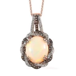 Premium Ethiopian Welo Opal, White And Champagne Zircon Pendant Necklace 20 Inches In Vermeil Rose Gold Over Sterling Silver 3.30 Ctw