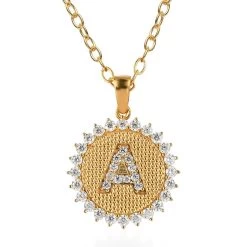 Moissanite Initial A Sun Medallion Coin Pendant With Cable Chain 20 Inches In Vermeil Yellow Gold Over Sterling Silver 1.40 Ctw