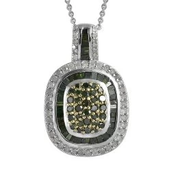 Green And White Diamond Cocktail Pendant Necklace 20 Inches In Platinum Over Sterling Silver 1.50 Ctw