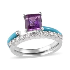 Asscher Cut African Amethyst, Moissanite And Blue Enamel Open Band Set Of 2 Ring In Platinum Over Sterling Silver 1.60 Ctw