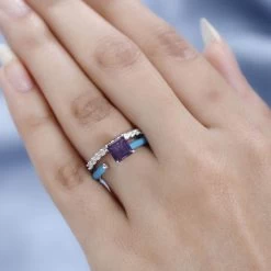 Asscher Cut African Amethyst, Moissanite And Blue Enamel Open Band Set Of 2 Ring In Platinum Over Sterling Silver 1.60 Ctw -Jewelry store 4174846 2