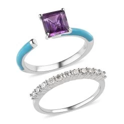 Asscher Cut African Amethyst, Moissanite And Blue Enamel Open Band Set Of 2 Ring In Platinum Over Sterling Silver 1.60 Ctw -Jewelry store 4174846 3