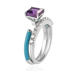 Asscher Cut African Amethyst, Moissanite And Blue Enamel Open Band Set Of 2 Ring In Platinum Over Sterling Silver 1.60 Ctw -Jewelry store 4174846 4