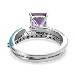Asscher Cut African Amethyst, Moissanite And Blue Enamel Open Band Set Of 2 Ring In Platinum Over Sterling Silver 1.60 Ctw -Jewelry store 4174846 5