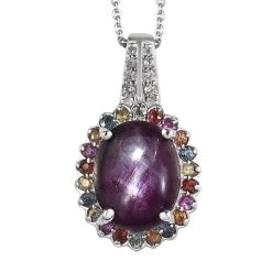 Indian Star Ruby And Multi Gemstone Floral Pendant Necklace 20 Inches In Platinum Over Sterling Silver 7.40 Ctw