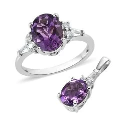 Premium Uruguayan Amethyst, White Zircon Ring And Pendant In Platinum Over Sterling Silver 3.75 Ctw