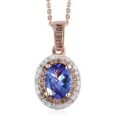 Tanzanite, Natural White And Champagne Diamond Halo Pendant Necklace 20 Inches In Vermeil Rose Gold Over Sterling Silver 1.40 Ctw