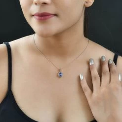 Tanzanite, Natural White And Champagne Diamond Halo Pendant Necklace 20 Inches In Vermeil Rose Gold Over Sterling Silver 1.40 Ctw -Jewelry store 4187394 2