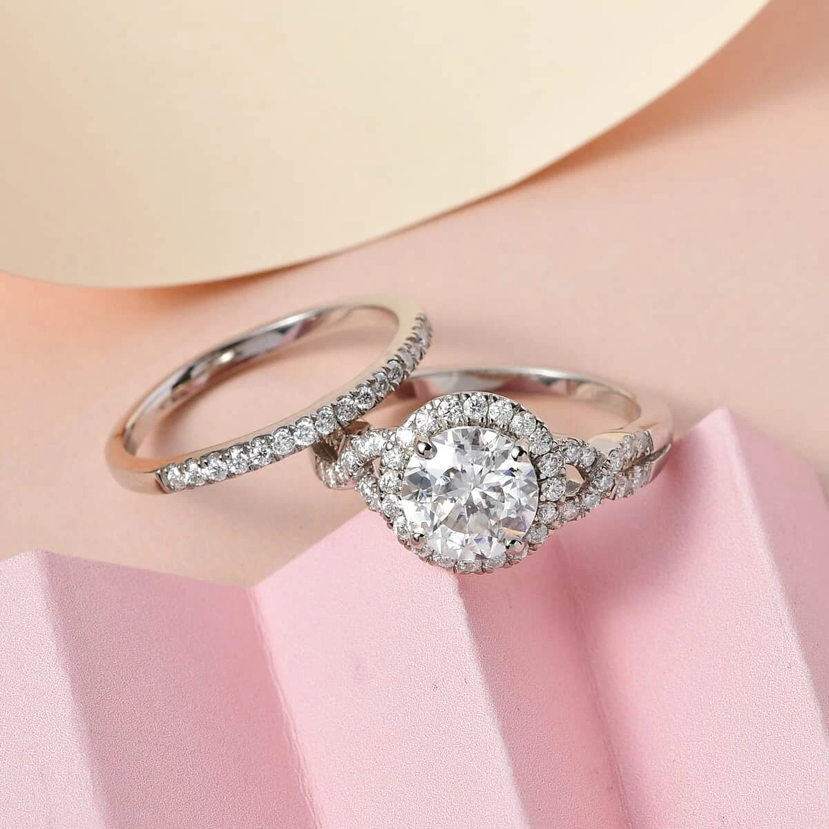 100 Facet Moissanite Bridal Set Of 2 Ring In Platinum Over Sterling Silver 2.65 Ctw 4 100 Facet Moissanite Bridal Set Of 2 Ring In Platinum Over Sterling Silver 2.65 Ctw - Image 2