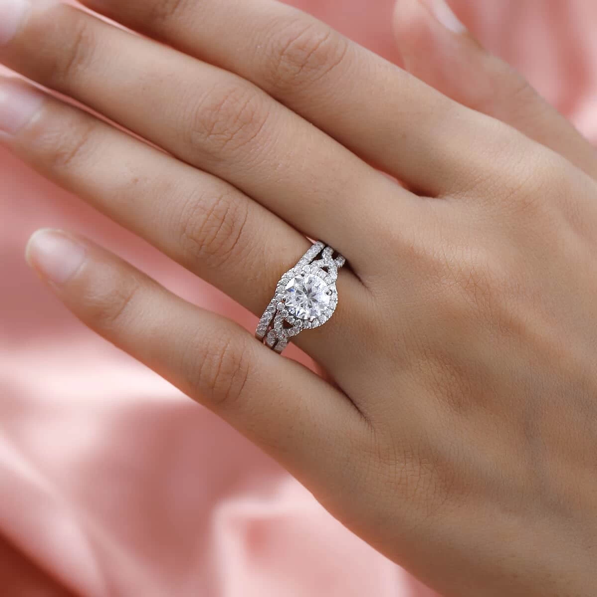 100 Facet Moissanite Bridal Set Of 2 Ring In Platinum Over Sterling Silver 2.65 Ctw 5 100 Facet Moissanite Bridal Set Of 2 Ring In Platinum Over Sterling Silver 2.65 Ctw - Image 3