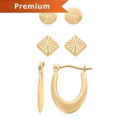 14K Yellow Gold Polished Elongated Hoop, Diamond-Cut Circle & Square Screwback Set Of 3 Earrings 1.25 Grams