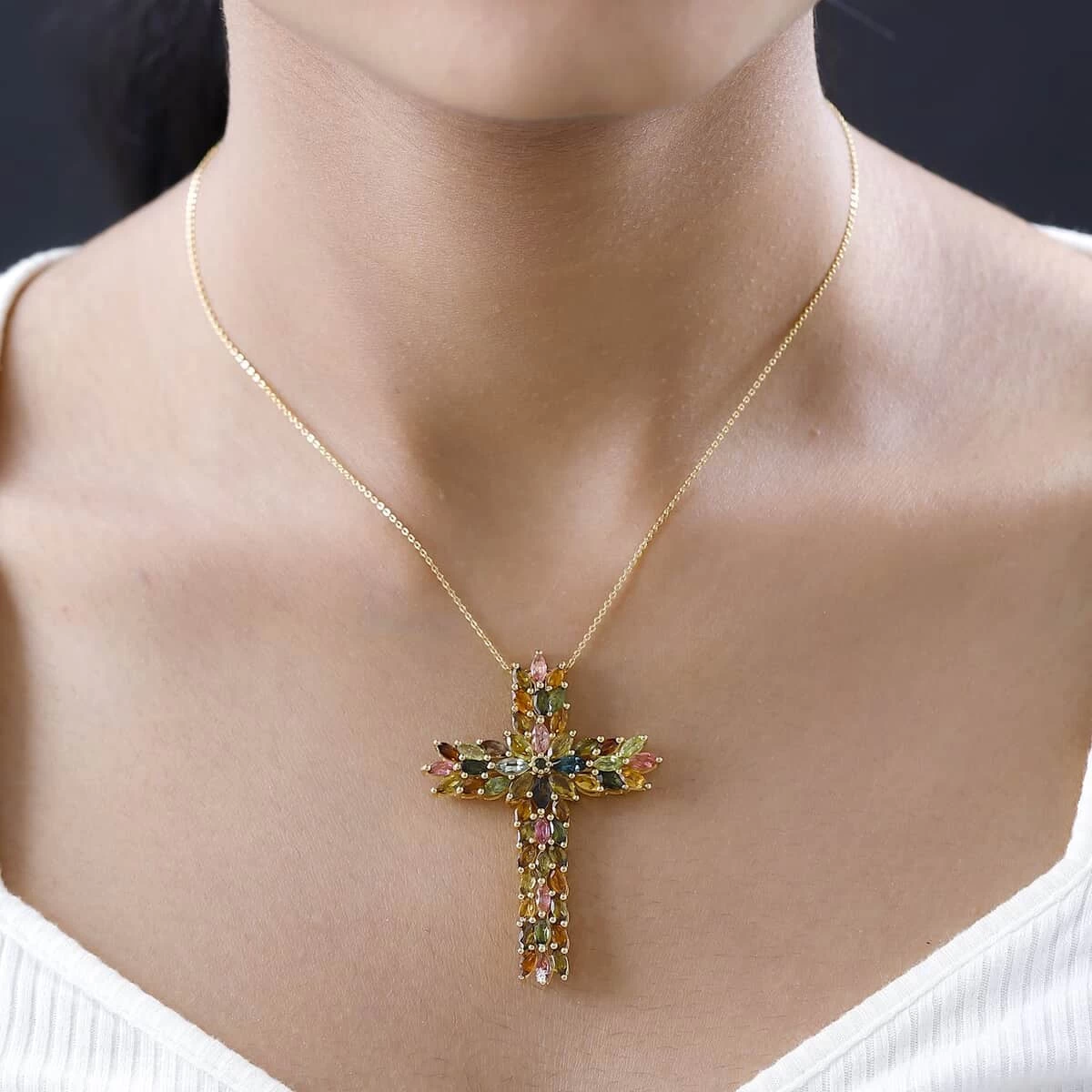 Premium Multi-Tourmaline Pendant Necklace 20 Inches In Vermeil Yellow Gold Over Sterling Silver 6.85 Ctw 5 Premium Multi-Tourmaline Pendant Necklace 20 Inches In Vermeil Yellow Gold Over Sterling Silver 6.85 Ctw - Image 3