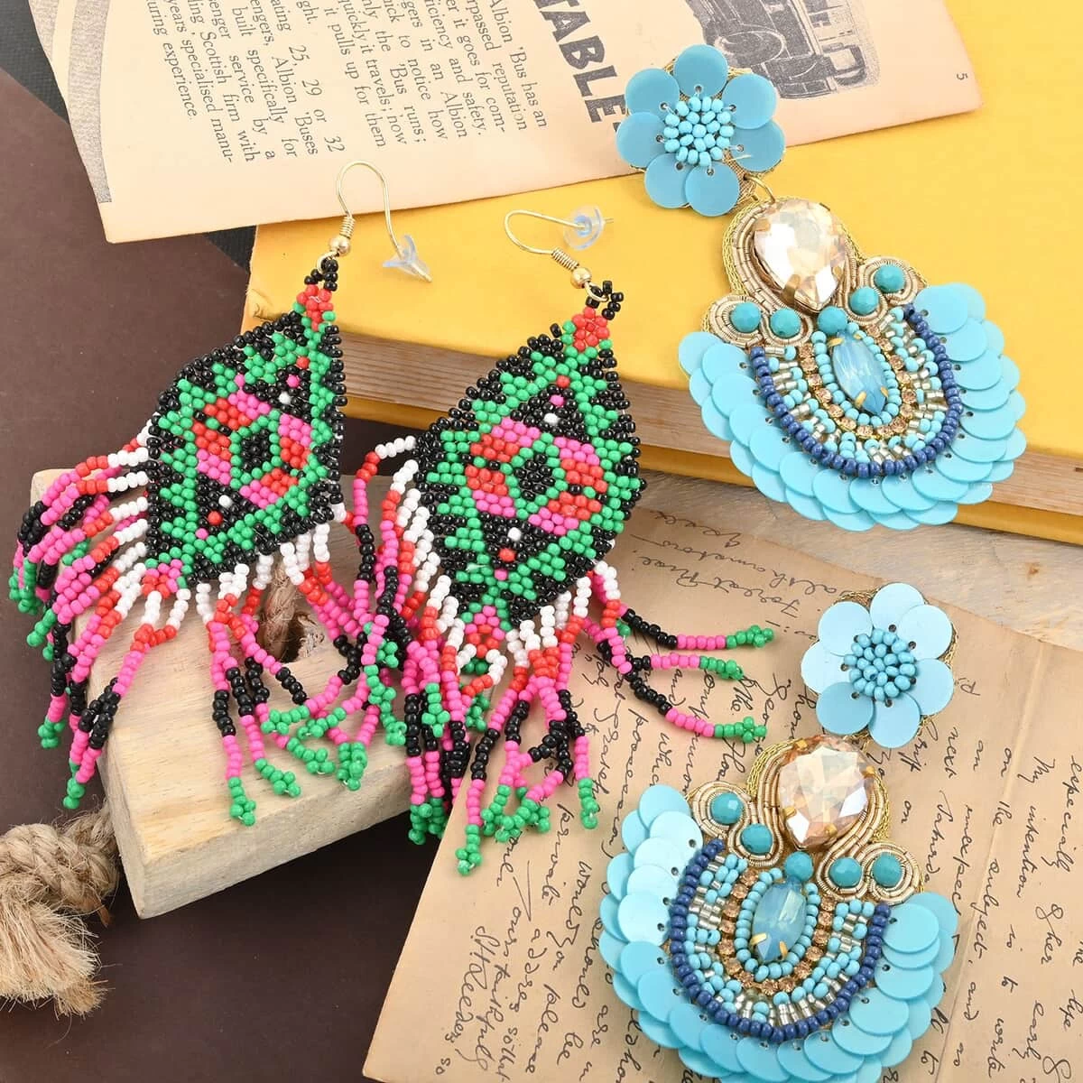 Set Of 2 Multi Color Seed Beaded Dangle Earrings In Goldtone 4 Set Of 2 Multi Color Seed Beaded Dangle Earrings In Goldtone - Image 2