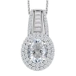 Moissanite Double Halo Pendant Necklace 20 Inches In Platinum Over Sterling Silver 3.10 Ctw