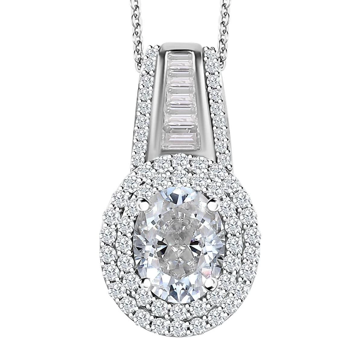 Moissanite Double Halo Pendant Necklace 20 Inches In Platinum Over Sterling Silver 3.10 Ctw 3 Moissanite Double Halo Pendant Necklace 20 Inches In Platinum Over Sterling Silver 3.10 Ctw