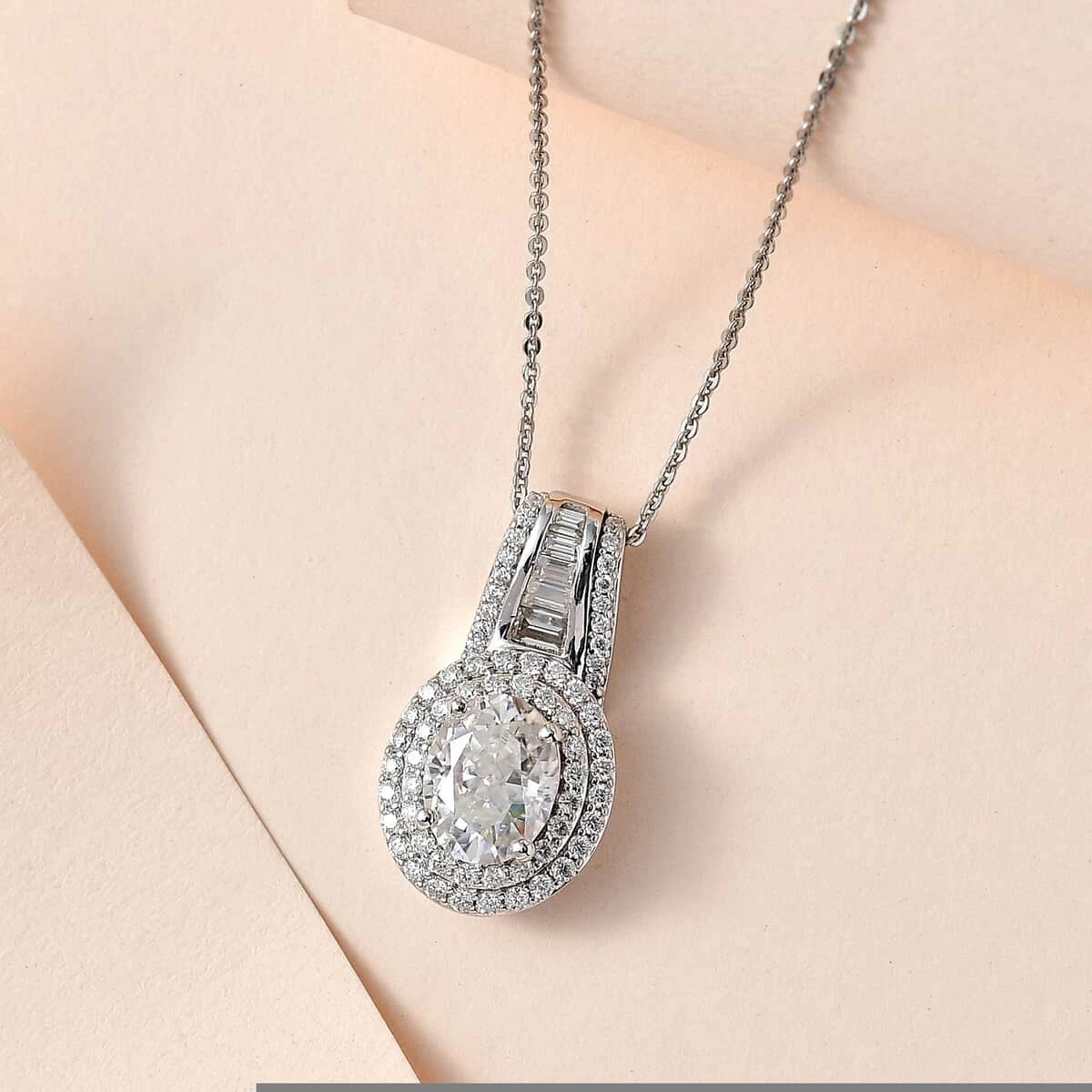 Moissanite Double Halo Pendant Necklace 20 Inches In Platinum Over Sterling Silver 3.10 Ctw 4 Moissanite Double Halo Pendant Necklace 20 Inches In Platinum Over Sterling Silver 3.10 Ctw - Image 2