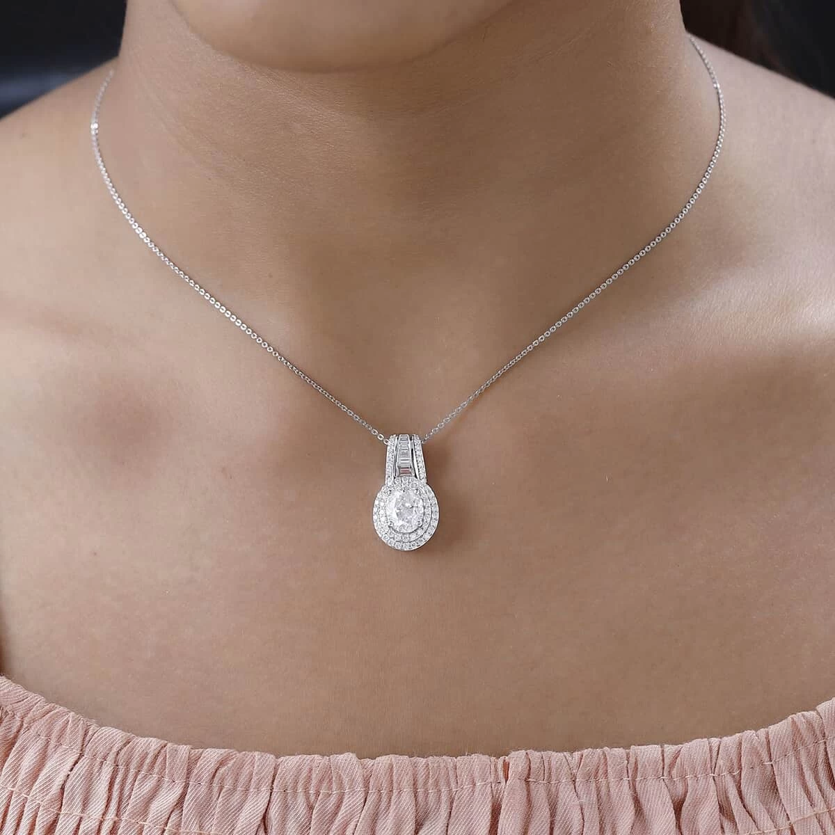 Moissanite Double Halo Pendant Necklace 20 Inches In Platinum Over Sterling Silver 3.10 Ctw 5 Moissanite Double Halo Pendant Necklace 20 Inches In Platinum Over Sterling Silver 3.10 Ctw - Image 3