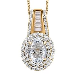 Moissanite Double Halo Pendant Necklace 20 Inches In Vermeil Yellow Gold Over Sterling Silver 3.10 Ctw