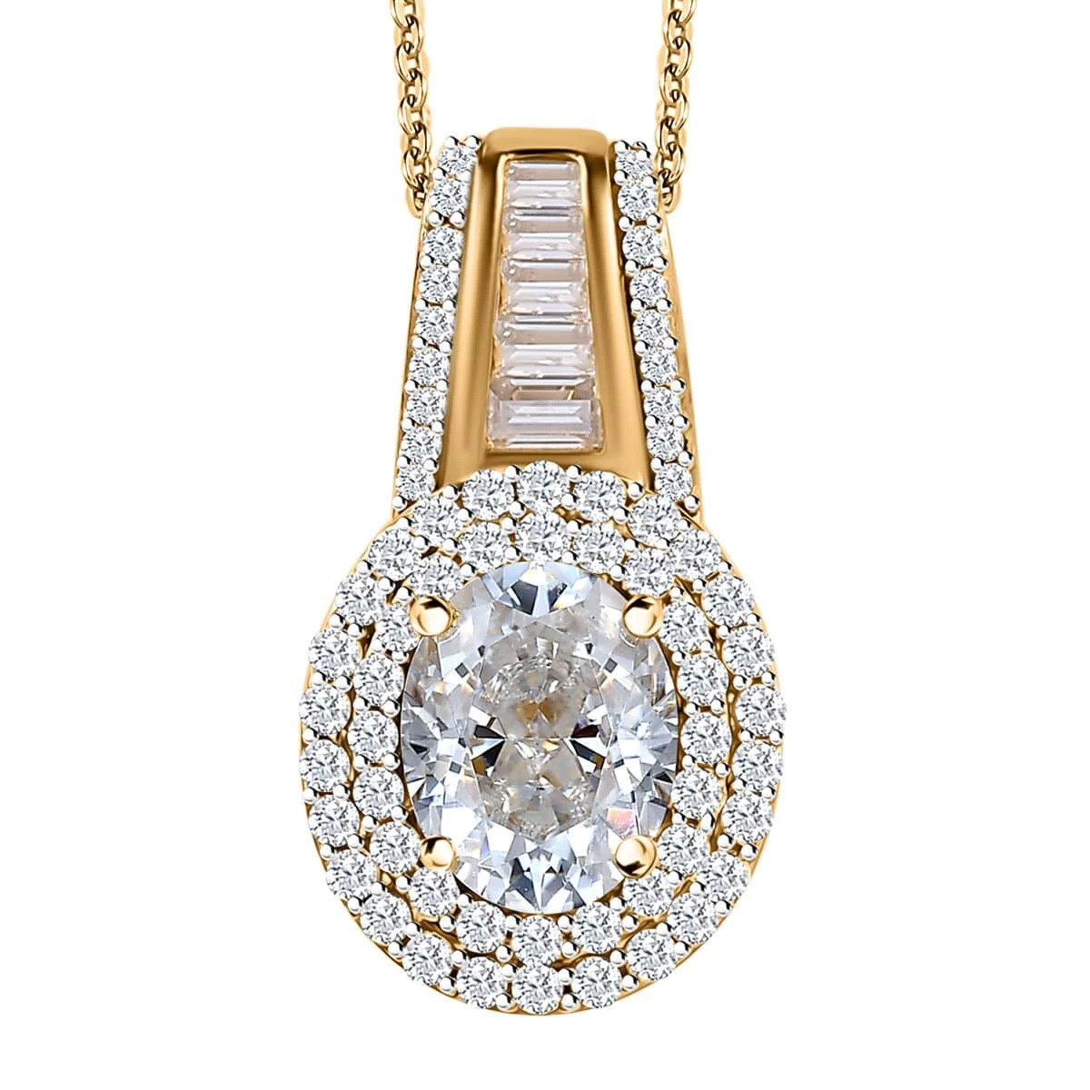 Moissanite Double Halo Pendant Necklace 20 Inches In Vermeil Yellow Gold Over Sterling Silver 3.10 Ctw 3 Moissanite Double Halo Pendant Necklace 20 Inches In Vermeil Yellow Gold Over Sterling Silver 3.10 Ctw