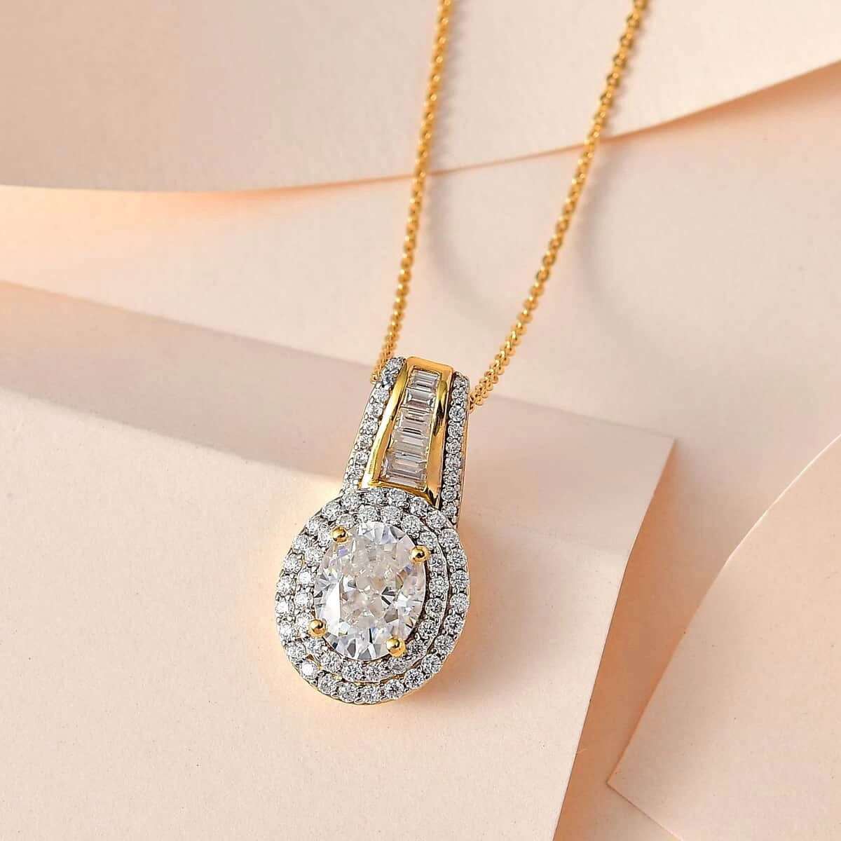 Moissanite Double Halo Pendant Necklace 20 Inches In Vermeil Yellow Gold Over Sterling Silver 3.10 Ctw 4 Moissanite Double Halo Pendant Necklace 20 Inches In Vermeil Yellow Gold Over Sterling Silver 3.10 Ctw - Image 2