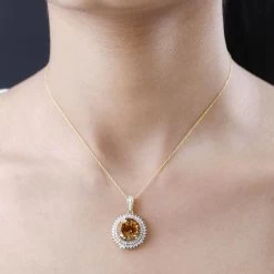 Doorbuster Serra Gaucha Citrine And Moissanite Halo Pendant Necklace 20 Inches In Vermeil Yellow Gold Over Sterling Silver 9.00 Ctw -Jewelry store 4224877 2