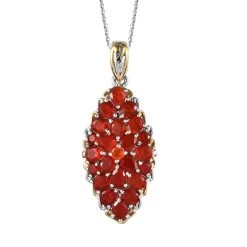 Mexican Cherry Fire Opal Elongated Pendant Necklace 20 Inches In Vermeil Yellow Gold And Platinum Over Sterling Silver 4.10 Ctw