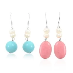 Freshwater Pearl, Turquoise And Peach Jade Set Of 2 Earrings In Silvertone 16.00 Ctw