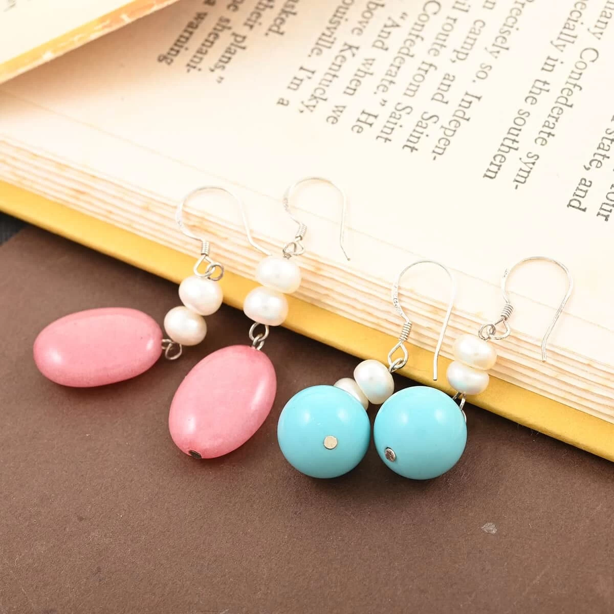 Freshwater Pearl, Turquoise And Peach Jade Set Of 2 Earrings In Silvertone 16.00 Ctw 4 Freshwater Pearl, Turquoise And Peach Jade Set Of 2 Earrings In Silvertone 16.00 Ctw - Image 2