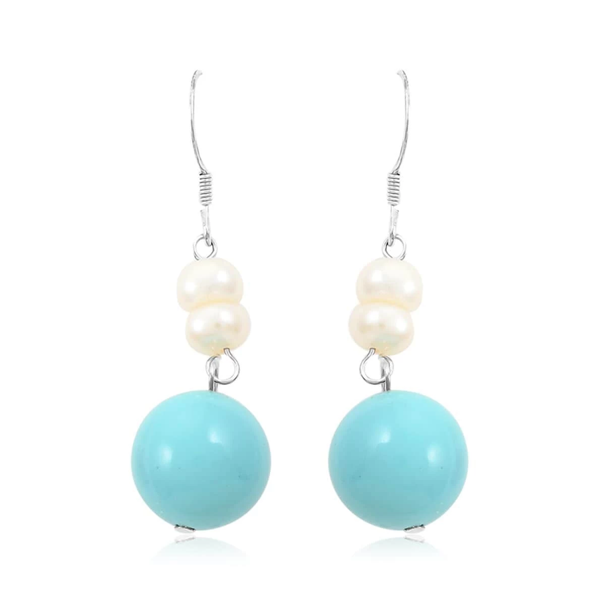 Freshwater Pearl, Turquoise And Peach Jade Set Of 2 Earrings In Silvertone 16.00 Ctw 8 Freshwater Pearl, Turquoise And Peach Jade Set Of 2 Earrings In Silvertone 16.00 Ctw - Image 6