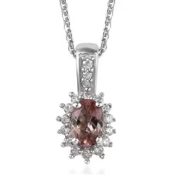 Blush Apatite And Moissanite Sunburst Pendant Necklace 20 Inches In Platinum Over Sterling Silver 0.65 Ctw