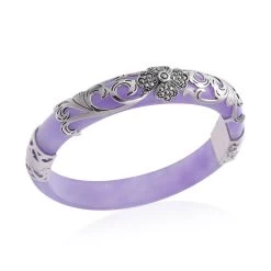 Purple Jade, Swiss Marcasite Bangle Bracelet In Black Oxidized Sterling Silver (8.00 In) 157.00 Ctw