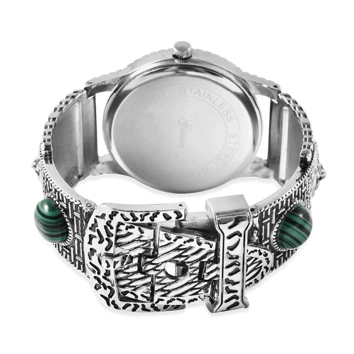 Genoa Green MOP Japanese Movement Malachite Studded Carved Tiger Pattern Bracelet Watch 7 Genoa Green MOP Japanese Movement Malachite Studded Carved Tiger Pattern Bracelet Watch - Image 5