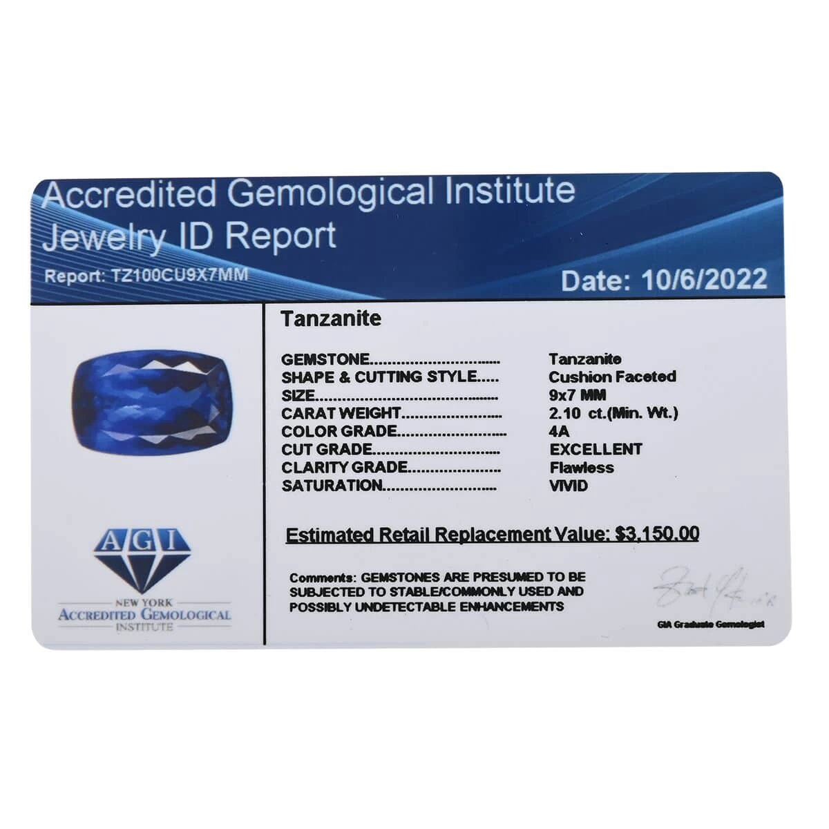 Certified AAAA Tanzanite (Cush 9x7 Mm) 2.10 Ctw 7 Certified AAAA Tanzanite (Cush 9x7 Mm) 2.10 Ctw - Image 5