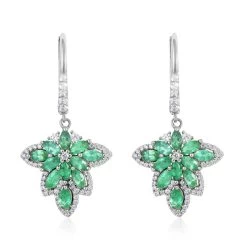 AAA Kagem Emerald And White Zircon Lever Back Earrings In Rhodium Over Sterling Silver 2.40 Ctw