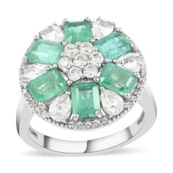 AAA Kagem Zambian Intense Green Emerald And Multi Gemstone Floral Ring In Rhodium Over Sterling Silver 4.35 Ctw